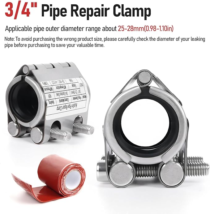 Kodilin Upgraded Pipe Repair Clamp with M1 Self-Adhesive Leak-Sealing Tape | 304 Stainless Steel Rust-Proof Emergency Pipe Repair Kit for Plastic & Metal Pipes, 3/4"(25-28mm)