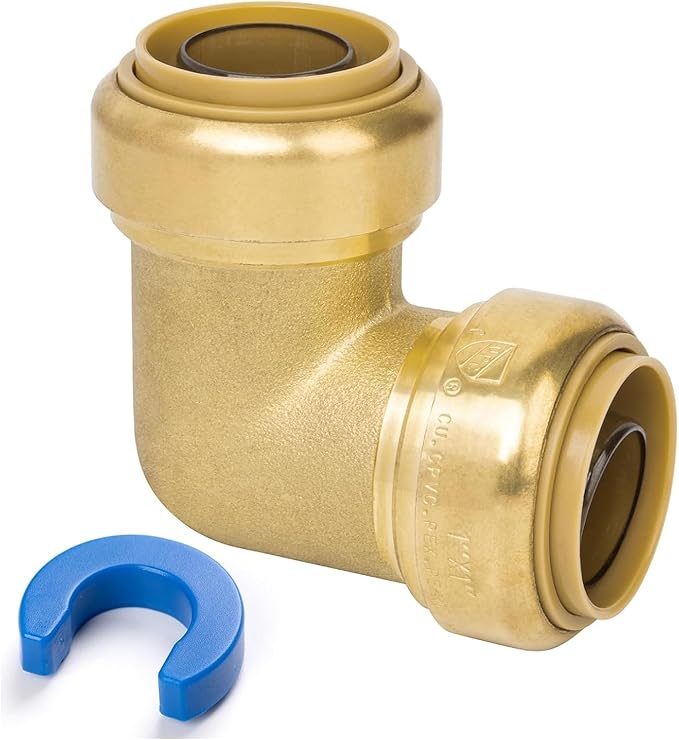 1" 90 Degree Elbow Pushfit, Push to Connect Brass Plumbing Fitting for Copper, CPVC, PEX Pipe, Brass Pex Fitting with Upgraded Stiffener, Disconnect Clip Included, NSF & UPC Certified
