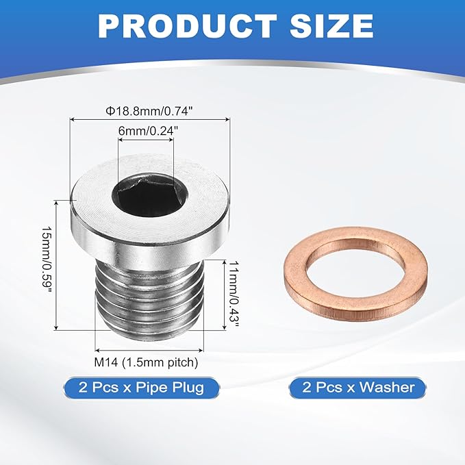 PATIKIL 2 Pcs M14 x 1.5 Metric Pipe Plug Fitting, 304 Stainless Steel Internal Hex Head Socket Pipe Cap Adapter Connector with Copper Washer for Sealing Oil Gas Water