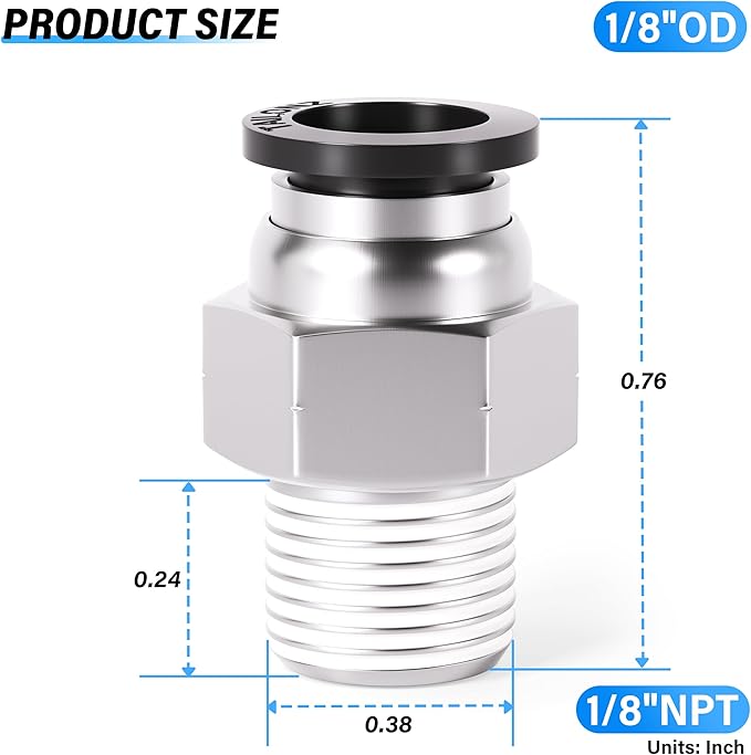 TAILONZ PNEUMATIC Male Straight 1/8 Inch Tube OD x 1/8 Inch NPT Thread Push to Connect Fitting PC-1/8-N1 (Pack of 10)