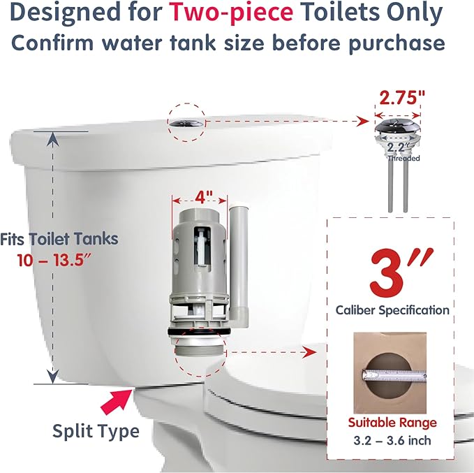 3-Inch Dual Flush Valve Repair Kit for 2-Piece Toilets; Fit Glacier Bay;Aquasource;Horow and More ;Toilet Repair Kit Inside Tank Includes Flush Valve, Button & Fill Valve with Gasket & Bolts