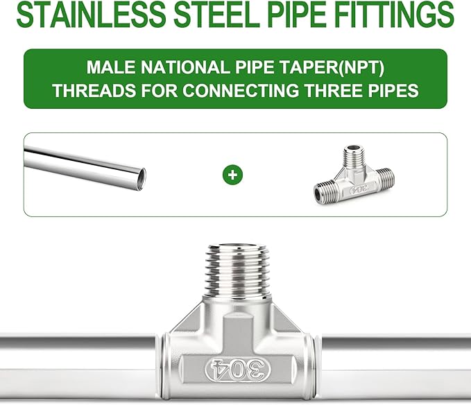 TAISHER 2PCS 304 Stainless Steel Tee Pipe Fittings, 1/4" x 1/4" x 1/4" NPT Male Pipe Fittings