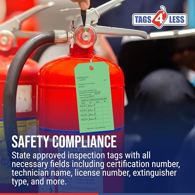 Tags 4 Less Custom Fire Extinguisher Tags – Preventative Maintenance Labels for Monthly Inspections, Alternative to Safety Sticker for Easy Record-Keeping – Pack of 100 (Light Green,Vinyl)