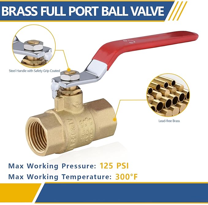 1/2" Heavy Duty Full Port Brass Ball Valve,600 WOG FNPT FIP Threaded Valve for Compressed Air, Water, Plumbing or Oil(2 Pack,Red Handle)(VALVE034-2Pack)