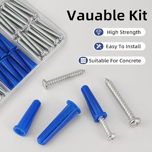 180PCS Conical Concrete Anchors and Screws Assortment Kit, 90PCS Concrete Wall Anchors, 90PCS Self Tapping Screws for Masonry Stucco Brick Cement Cinder Block Tile, with 2PCS Drill Bit