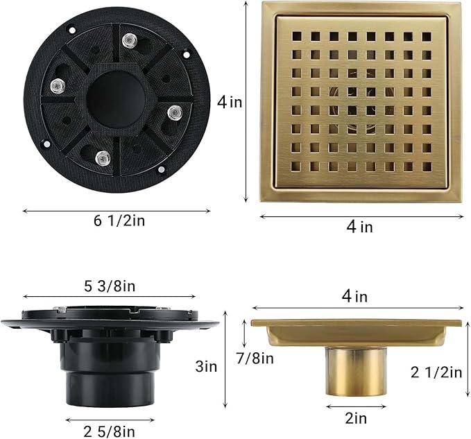 4 Inch Square Shower Floor Drain, Stainless Steel Black Shower Drain Kit with Flange, Floor Drain with Removable Grid Cover,Brushed Gold