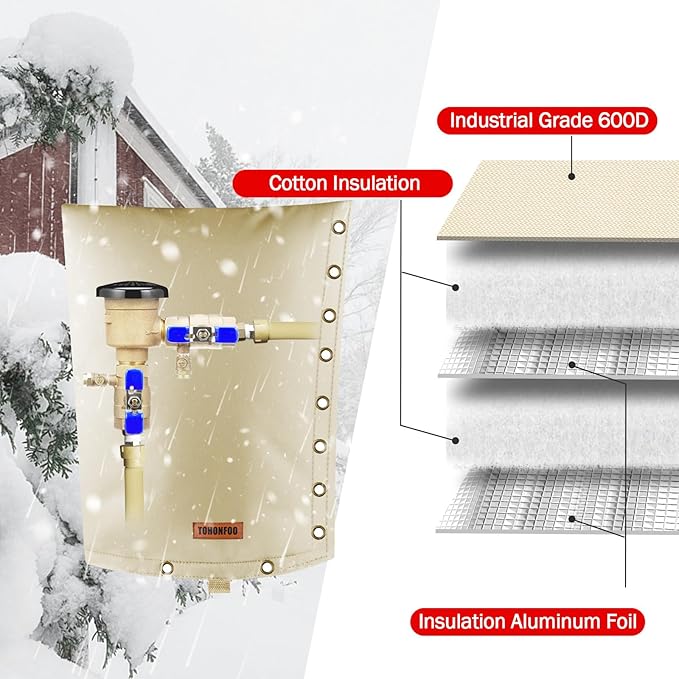 2-Way Opening Backflow Preventer Pipe Insulation Cover (5F) - Irrigation Sprinkler Valve and Water Well Pump Protection - Sturdy 5 Layers for Winter Freeze (20" W x 34" H, Beige)