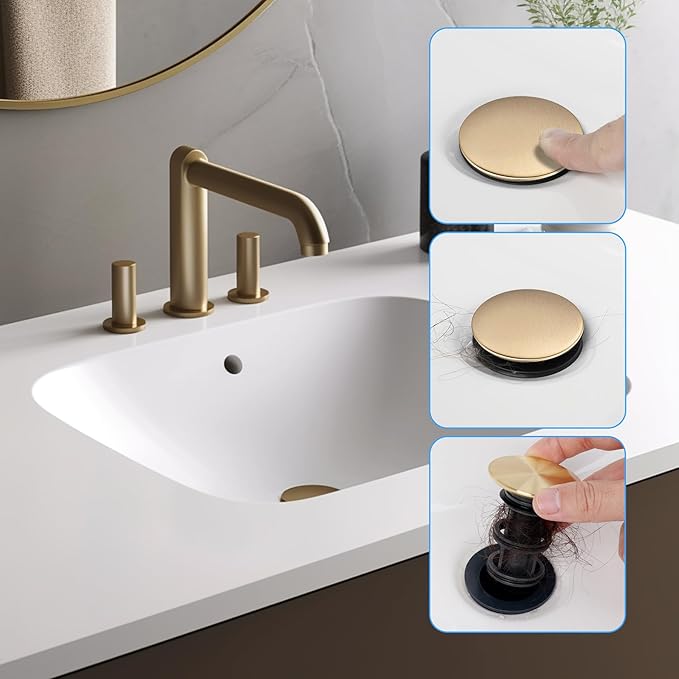 Hibbent 2 Pack Universal Bathroom Sink Drain Stopper, Pop Up Drain Strainer with Overflow, Push and Seal Sink Plug with Basket for Lavatory Vanity Vessel, Anti-Clogging Strainer, Brushed Gold