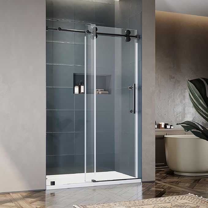 50-55 Inch x 76 Inch Sliding Frameless Shower Door, 3/8" Tempered Glass with Easy-Cleaning Coating, Stainless Steel Rollers & SGCC-Certified Stability, Matte Black