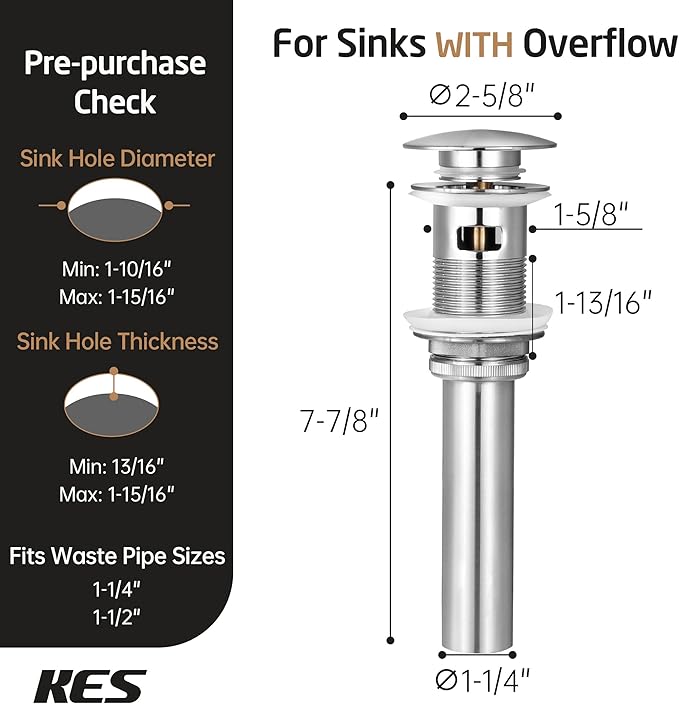 KES Bathroom Sink Drain with Overflow, Brushed Nickel Pop Up Drain 2 Pack, All Metal Bathroom Sink Stopper for Vanity Vessel Sink, T304 Stainless Steel and Brass, S2008A-BN-P2