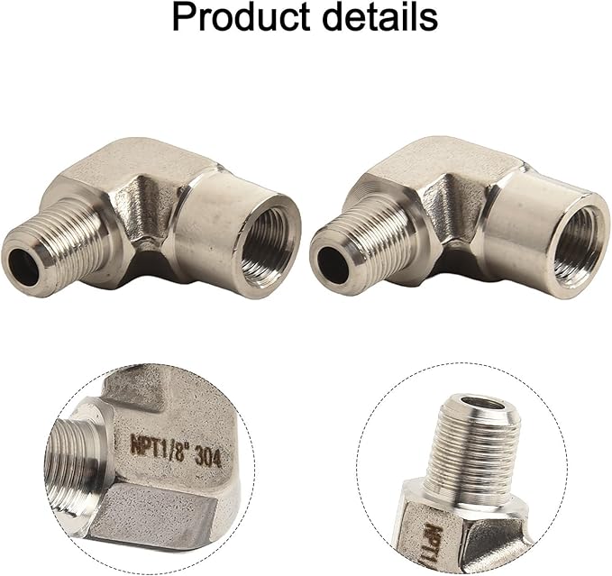 Stainless Steel 90 Degree Elbow Fitting, 1/8 Inch NPT Male to 1/8 Inch NPT Female Adapter, for Plumbing and Industrial Applications