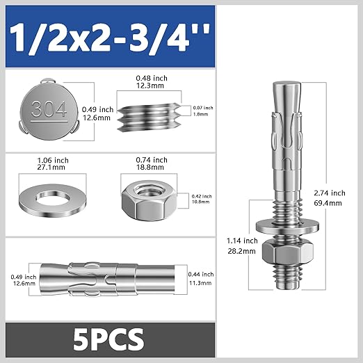 5Pcs 1/2x2-3/4 Inch Standard Fasteners for Heavy-Duty 304 Stainless Steel Wedge Anchors for Cement and Concrete