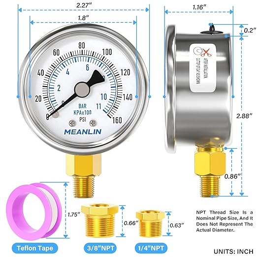 MEANLIN MEASURE 0~160Psi Dry Pressure Gauge Stainless Steel 1/8" NPT 2" FACE DIAL Waterproof for Air Compressor RV Regulator Water Pressure Tester Lower Mount with 1/4" NPT and 3/8" NPT Hex Bush