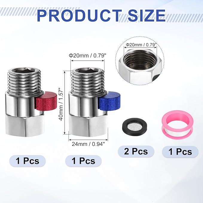 uxcell 2 Set G1/2" Female x Male Shower Shut Off Valve, Brass Water Flow Control Valve for Shower Head with Hose Flow Restrictor, Red/Blue