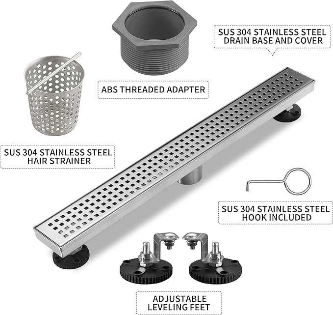 Linear Shower Drain 32 Inch Rectangular, Brushed Nickel SUS-304 Stainless Steel Shower Drain, 51L/Min Fast Drainage Floor Linear Drain, US Standard CUPC Certified, Brushed Silver, SD-112-32S
