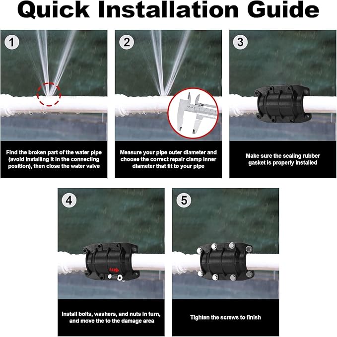 Pipe Repair Clamp 1-1/2 inch, Water Pipe Leak Repair Clamp, Pipe Repair Kit for Plastic and Metal Pipes, Leak Stopper with Anti-Impact, Suitable for Pipes 40 MM OD