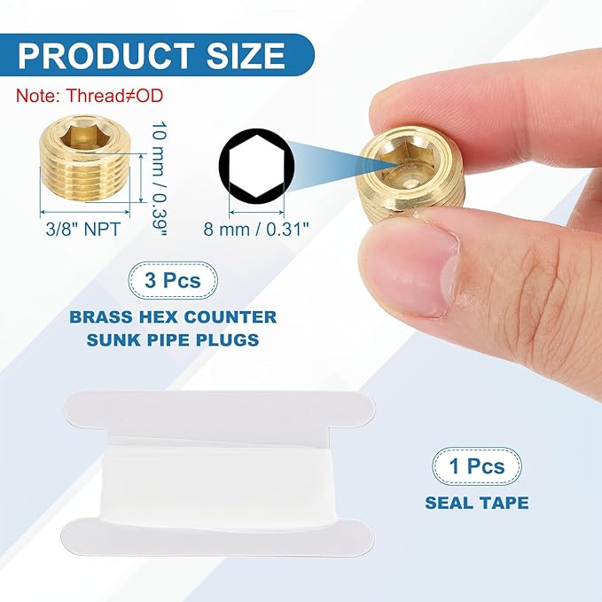 PATIKIL 3/8" NPT Male Pipe Plug Fitting, 5Pcs Brass Hex Counter Sunk Plug Brass Male Connector Socket for Closing the End of Pipe Industrial Machinery Fittings