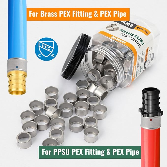 60 Pack 3/4" Pex Stainless Steel Press Sleeves, SUNGATOR 3/4'' Press Sleeves for 3/4 Inch Pex Pipe, Brass or Poly PPSU Pex Fittings
