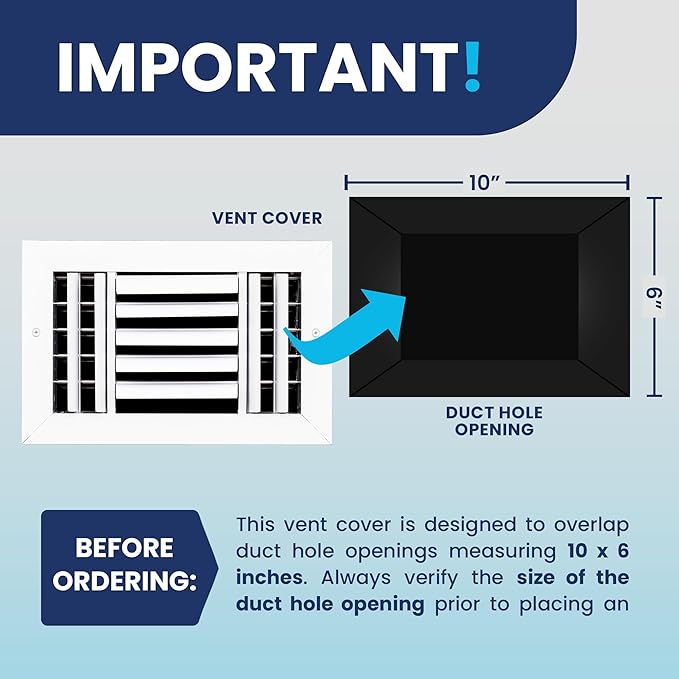 10x6 Inch (Duct Opening) Aluminum 3-Way Air Flow Vent – HVAC Vent Cover for Wall or Ceiling – Quiet HVAC Wall Register with Multi-Shutter Damper – Adjustable Curved Blade - Plastic Seal for Tight Fit