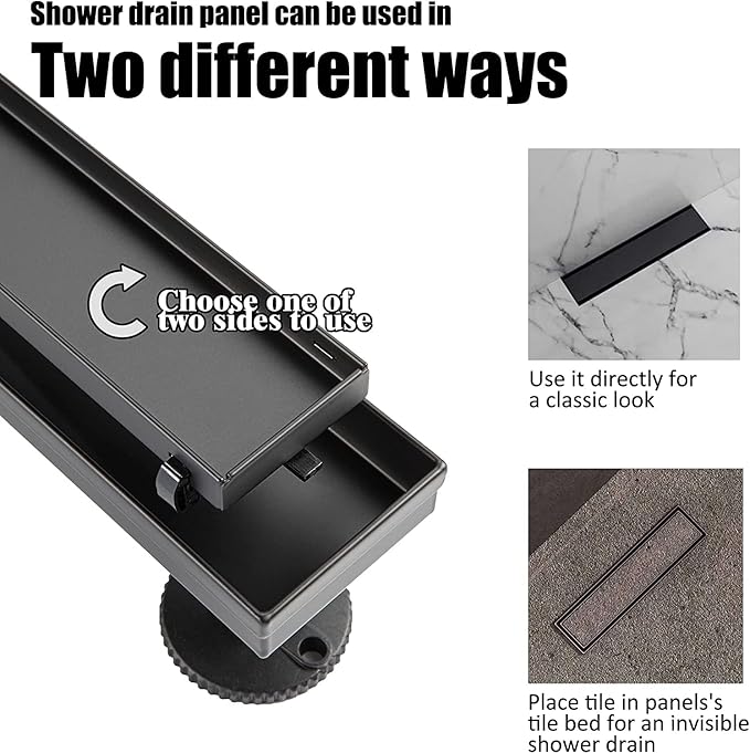 12 inch Linear Shower Drain with Removable Square Hole Panel by Using 304 Stainless Steel Process, Linear Drain Equipped with Adjustable Feet and Hair Strainer（Matte Black Color）