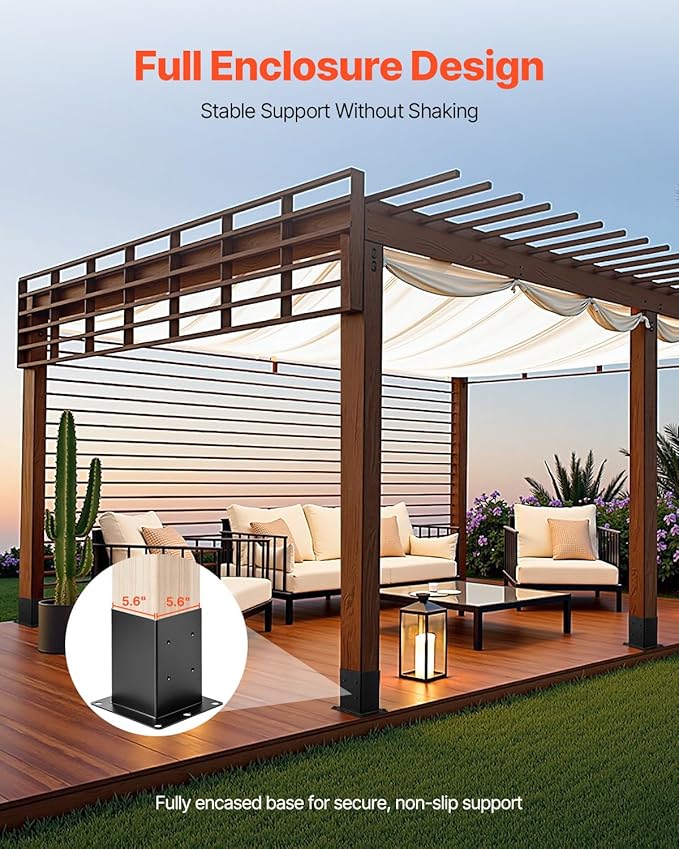 VEVOR 6x6 Post Base 4 Pcs, Inner Size 5.6x5.6 inch / 142x142 mm Post Brackets, Heavy Duty Carbon Steel Decking Posts, Wood Posts Brackets for Pavilion Deck Railing Support Deck Base Plate, Black