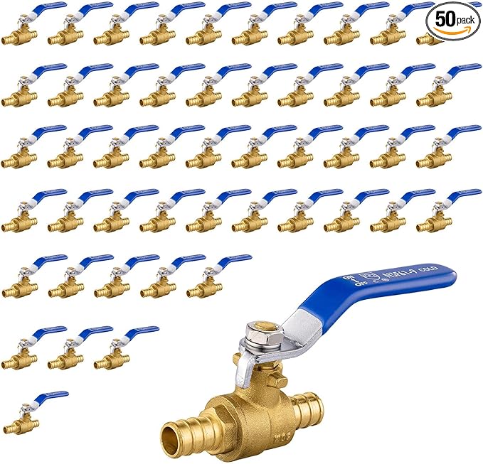 50 Pack Ball Valves, 1/2" Pex Crimp Shut Off Valve Blue, Brass Full Port Pex B Shut Off Ball Valve for Hot and Cold Water, NSF/ANSI 61 Certified