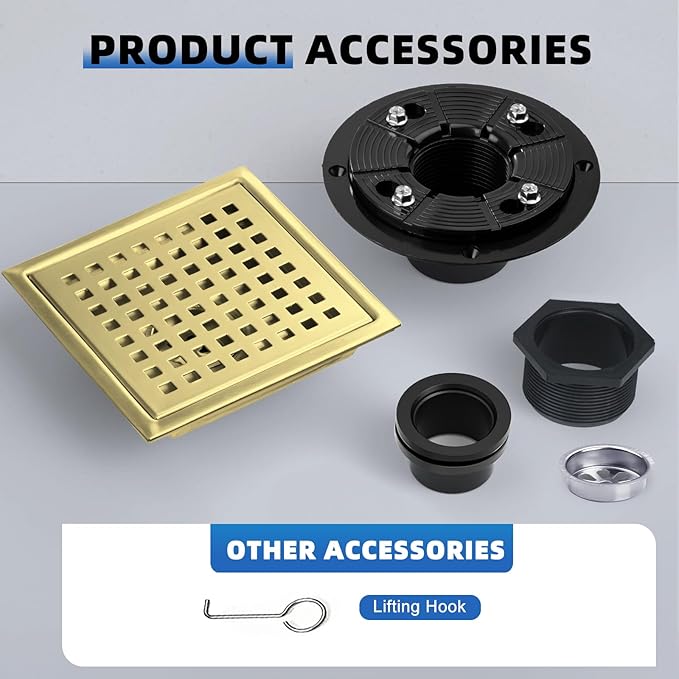 morefine Gold Shower Drain 6 inch with Flange, Square Shower Drain with Removable Grate Cover, SUS 304 Stainless Steel, Brushed Gold