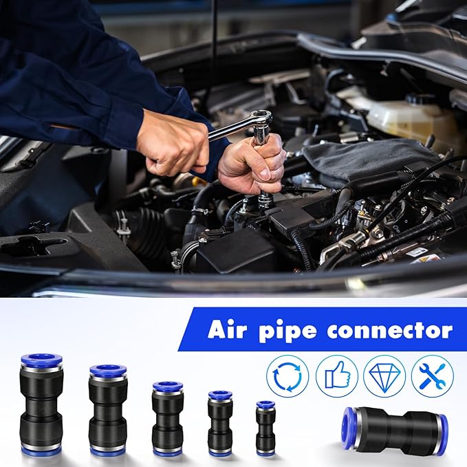100 Pcs Quick Connect Air Hose Fittings, 5 Sizes Air Line Push to Connect Fittings Kit Quick Release Pneumatic Connectors Plastic Straight Tube Connector (2 Way, 4 6 8 10 12 mm)