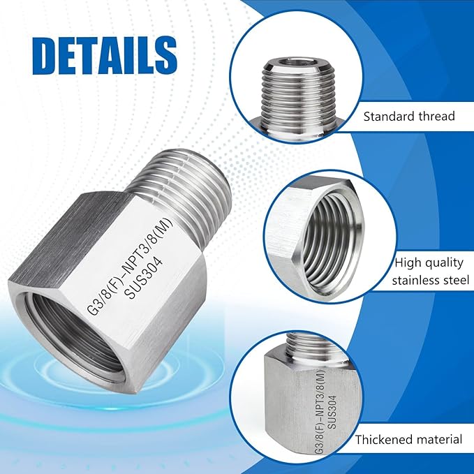 2 Piece G3/8 Female (1.55cm)-NPT3/8 Male (1.65cm) Threaded Fitting, Reducer Adapter,304 Stainless Steel Sensor Gasket Adapter Extender.