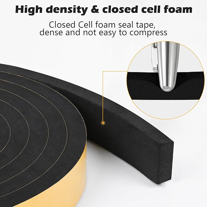 ToLanbbt Black Door Window Weather Stripping Self Adhesive Foam Tape High Density Foam Sealing Strip Window Insulation Weatherproof Gasket Tape 1/2" Wide X 1/8" Thick, 19.7 Ft X 3 Rolls, Total 59 Feet