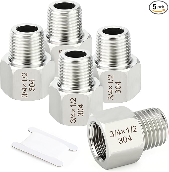 TAISHER 5PCS 304 Stainless Steel Pipe Fitting, New Reducer Adapter, 1/2" NPT Male x 3/4" NPT Female, Reducing Pipe Adapter Fitting