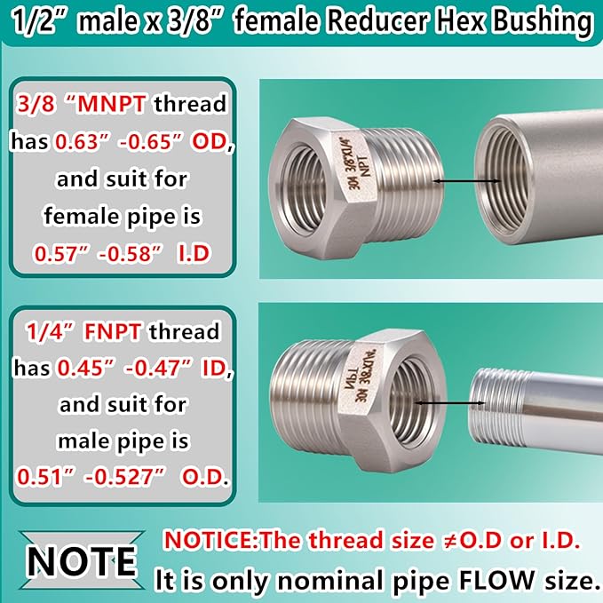 2 Pcs 3/8" Male NPT to 1/4" Female NPT Reducer Hex Bushing，304 Stainless Steel Pipe Fitting Hex Bushing, Heavy Duty Pipe Fitting Reducer Adapter
