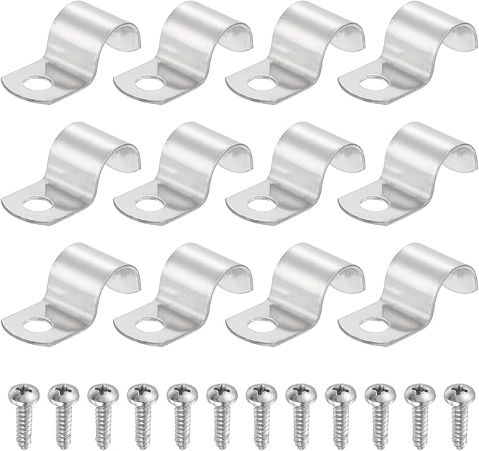 uxcell 12Pcs 16mm(5/8") One Hole Rigid Pipe Strap, 304 Stainless Steel Conduit Clamp Thicken U Bracket Heavy Duty Pipe Clamp with Self-Tapping Screws for Fixing Tube Cable, Silver