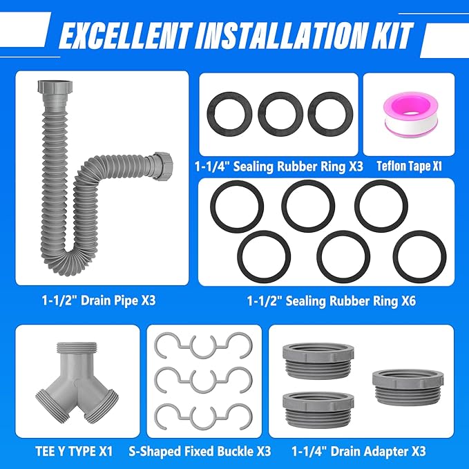 Double Sink Drain Kit, Flexible Sink Drain Pipe 1-1/2 & 1-1/4 P Trap Fits Sink Bowl Drain, Expandable Plumbing Kit for Kitchen, Bathroom, Gray