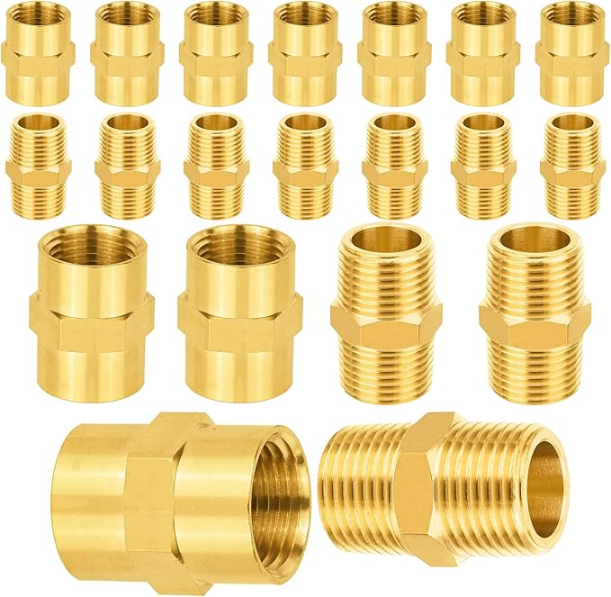 20-PCs HeSun Brass Pipe Fittings Combo, 10-PCs 3/8" NPT Male + 10-PCs 3/8" NPT Female Hex Nipple Adapter