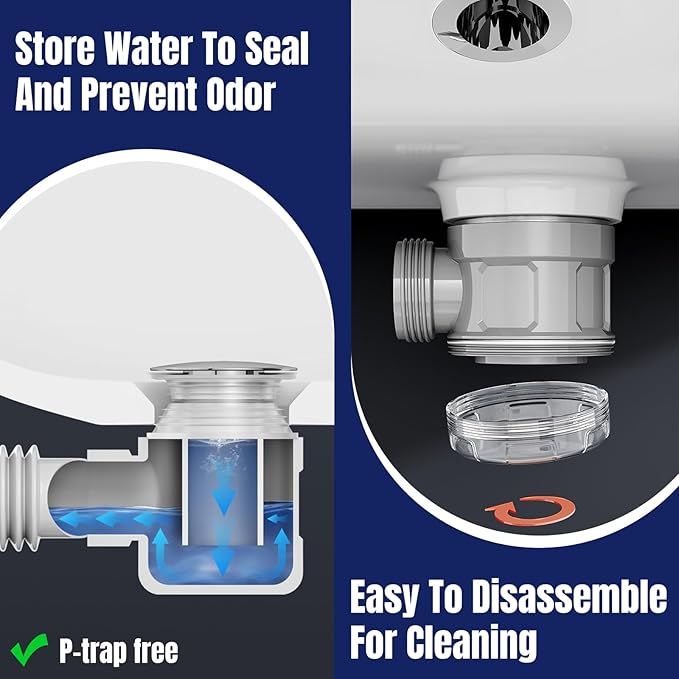 Bathroom Sink Drain Kit with Flexible Expandable Pipe: Odor-Free & Backflow-Preventing, Space-Saving Design without a P-trap, For 1-1/4'' & 1-1/2'' Drain Hole (Black, Without Overflow)