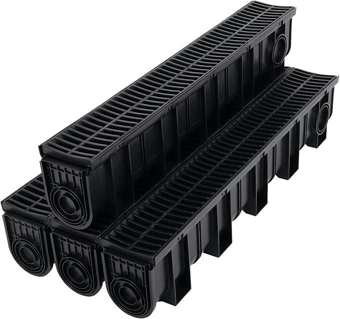 4 Pack Trench Drain System, Channel Drain with Plastic Grate, Driveway Drainage Channel Systems,Channel Drain Pipe Outdoor Trench Drainage System,5.9X7.5X39 Inch