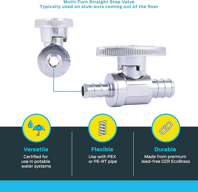 SharkBite 1/2 Inch x 3/8 Inch Crimp Multi-Turn Straight Stop, Brass Plumbing Fitting, PEX Pipe, PE-RT, 23062LF