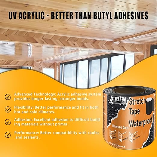 Stretch Tape for Windows & Doors, 6" x 20' Roll UV Resistant Flashing Tape Waterproof, Self-Adhesive Flashing Tape for Windows, Weather Window Tape with Advanced Acrylic Adhesive, Black (4, 6" x 20')