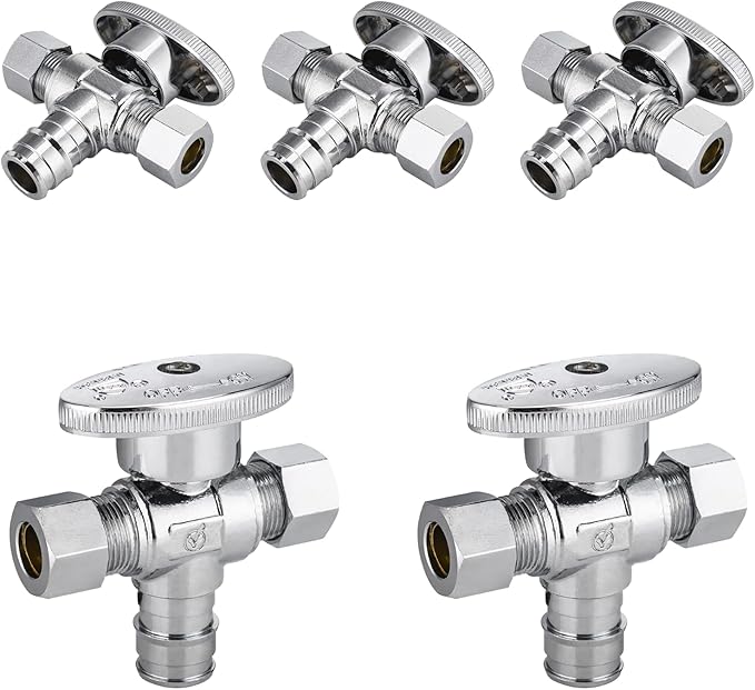 5-Pack Foskan Dual Outlet Angle Stop Valve,1/4 Turn Shut off Valve,1/2" PEX-A x 3/8" OD x 3/8" OD,Chrome Plated Brass
