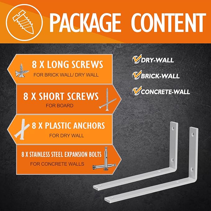 CLT White Shelf Bracket, 10” X 4.7” Quarter Inch (1/4") Thick- Max Load: 440 lb Rustic Industrial Modern Farmhouse Heavy Duty Cold Rolled Steel Bracket for DIY Table Bench, Pack of 4