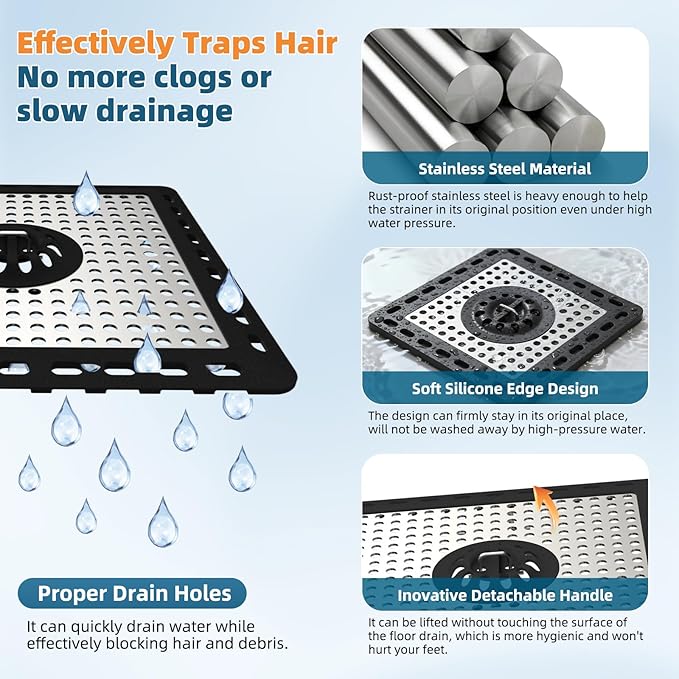 Hibbent 2 Pack Upgraded Shower Drain Hair Catcher, Shower Drain Cover for Bathroom Floor 6" Drain, Anti-Clogging Bathtub Drain Strainer, Stainless Steel Kitchen Sink Drain Strainer with Handle, Black