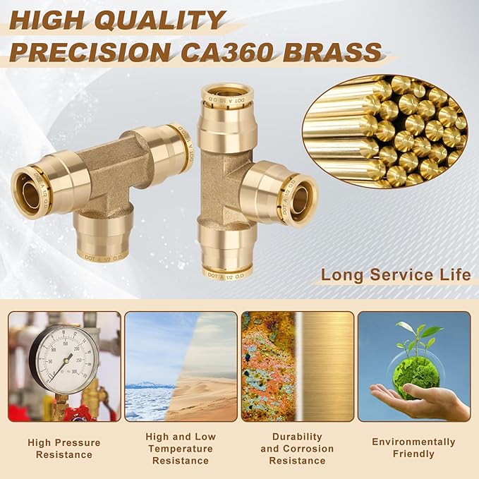 1/2" Quick Push to Connect Fittings Brass Union Tee Shaped Joint DOT Approved 1/2 Inch OD 3 Way Tube Air Line Adapter Air Spring Suspension Kit for Car Truck Trailers and Air Brake System 2pcs