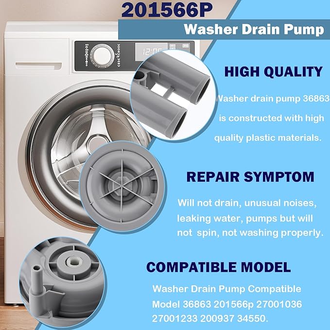 201566P Washer Drain Pump - 36863 Compatible For Maytag Washing Direct Drive Water Pump Replaces 27001036 27001233 200937 34550