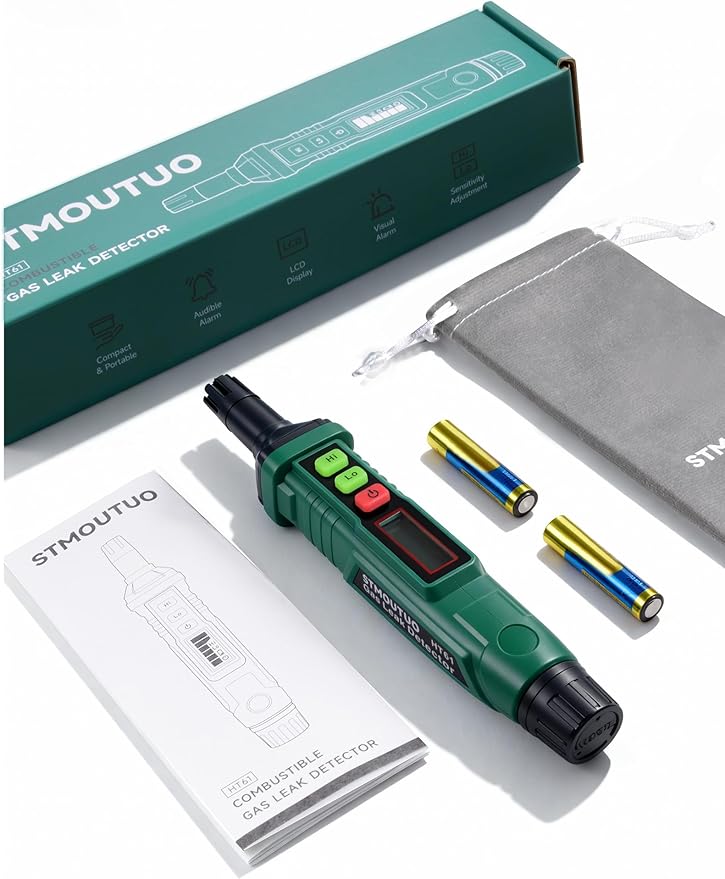 Gas Leak Detector for RV & Home - Detects Propane, Methane & Combustible Gases, Audible & Visual Alarm, Quick Leak Location, 2 Batteries Included (Green)