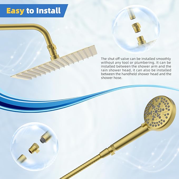 Hibbent All Metal 1 Pack Shower Head Flow Control Valve, G1/2 Brass Shut-off Valve with Metal Handle Lever, Shut OFF Water Flow Control Regulator for Handheld Shower, or Bidet Sprayer, Brushed Gold