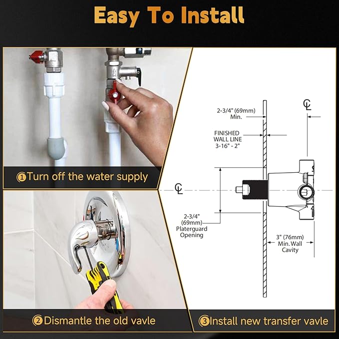 3 Way Shower Diverter Valve Replace for Moen 3360, 3360 Shower Diverter Valve for Bath, Standard 1/2" CC Connection, Brass Construction, 4 Inlet Design, Hot/Cold Water Inlets, Tub/Shower Outlet