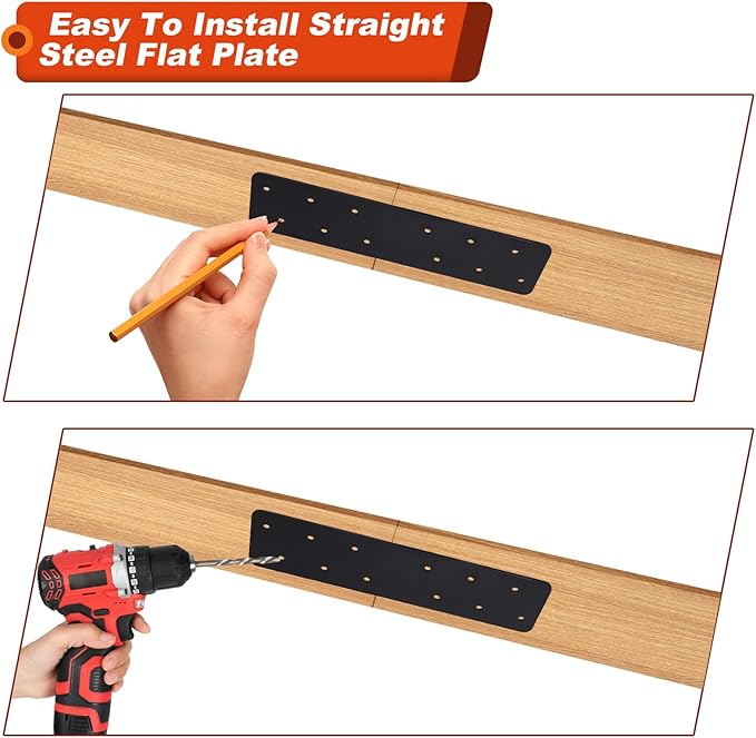 2 Pcs 11.8"x3" Straight Steel Flat Plate, Heavy Duty Mending Plate with Black Powder-Coated Joining Brackets, I Shape Strap Metal Plate Fit 4x4,6x6 for Repair House,Furniture,Pavilion,Truss framing