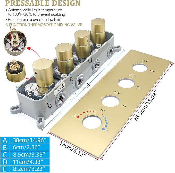 Thermostatic 3 Way Shower Diverter Valve, Modern Bathroom Concealed Brass Mixer Mixing Faucet Valve Kit Single Handle Control Flow Can Use At The Same Time, Brushed Gold