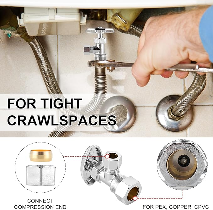 20 Pack Angle Stop Valves, 1/2" Nominal (5/8" OD) Push x 3/8" OD Compression, 1/4 Turn Water Shut Off Valves Brass Push-to-Connect Plumbing for PEX Pipe, Copper, CPVC